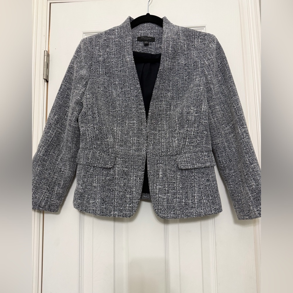 Ann Taylor Navy/White Tweed Open-Front Blazer